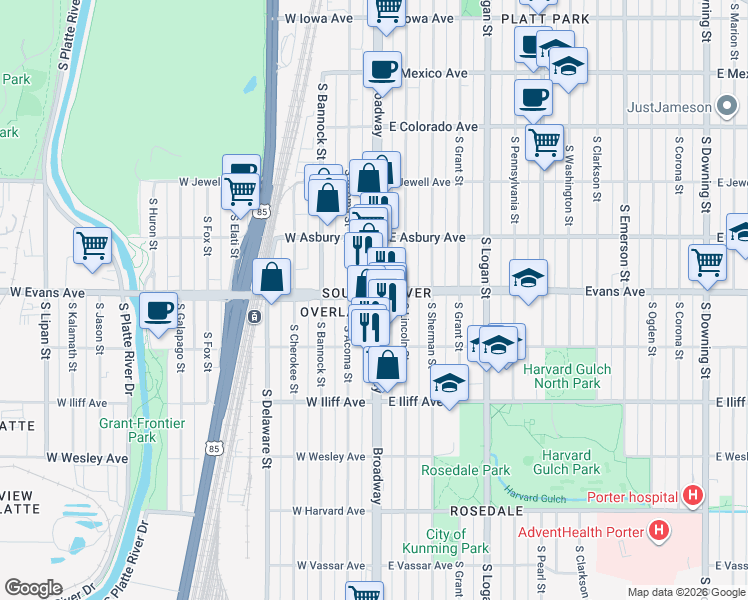 map of restaurants, bars, coffee shops, grocery stores, and more near in Denver