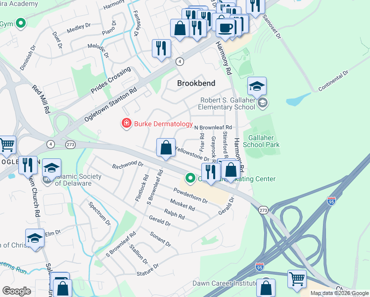 map of restaurants, bars, coffee shops, grocery stores, and more near 1204 Yellowstone Drive in Newark