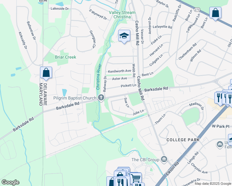 map of restaurants, bars, coffee shops, grocery stores, and more near 1316 Barksdale Road in Newark