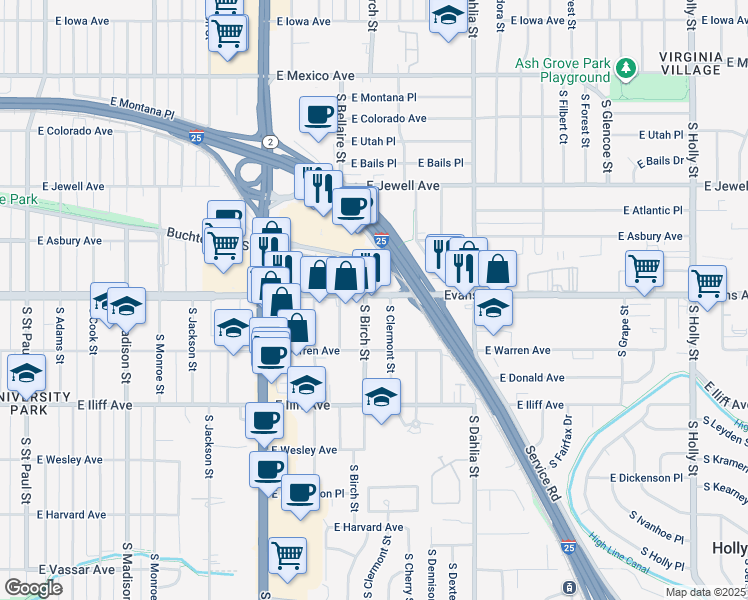 map of restaurants, bars, coffee shops, grocery stores, and more near in Denver