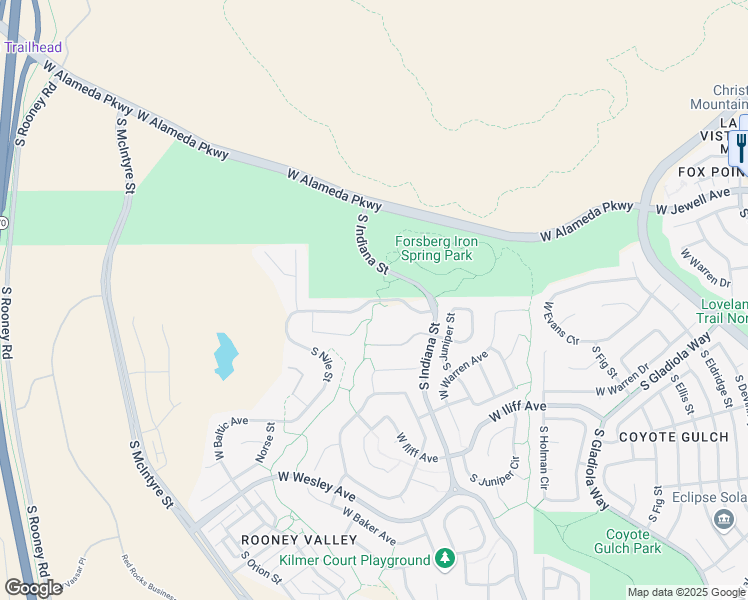 map of restaurants, bars, coffee shops, grocery stores, and more near West Evans Avenue in Denver