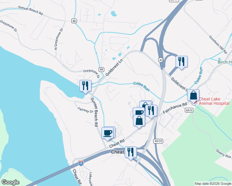 map of restaurants, bars, coffee shops, grocery stores, and more near 616 Beaumont Dr in Morgantown