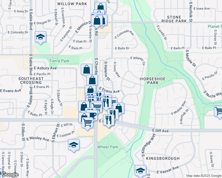 map of restaurants, bars, coffee shops, grocery stores, and more near 2091 South Hannibal Way in Aurora