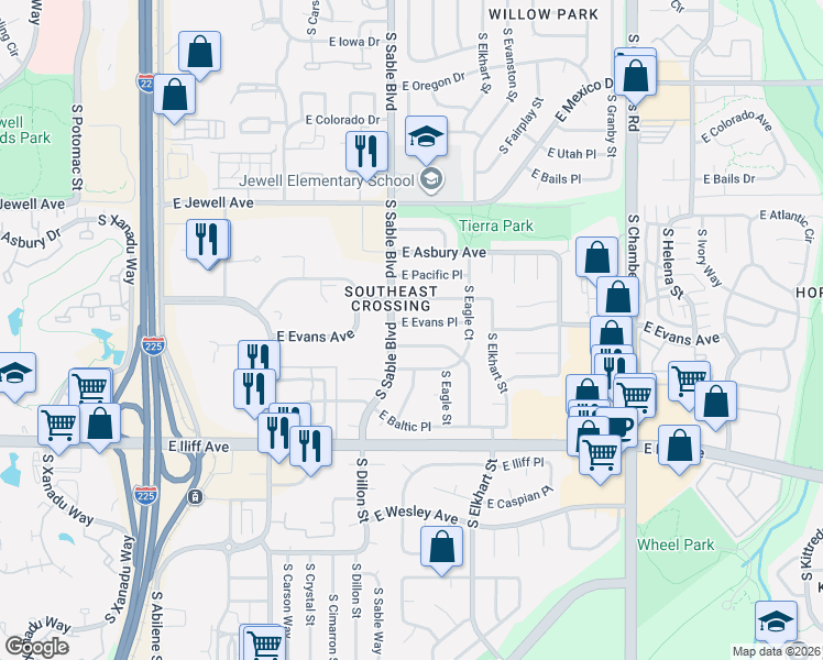 map of restaurants, bars, coffee shops, grocery stores, and more near 14561 East Adriatic Place in Aurora