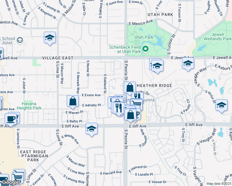 map of restaurants, bars, coffee shops, grocery stores, and more near 2136 South Oswego Way in Aurora