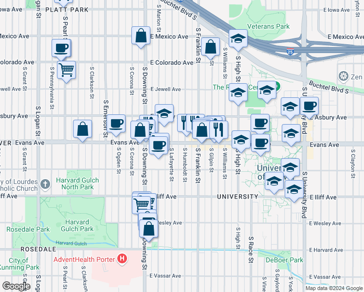 map of restaurants, bars, coffee shops, grocery stores, and more near in Denver