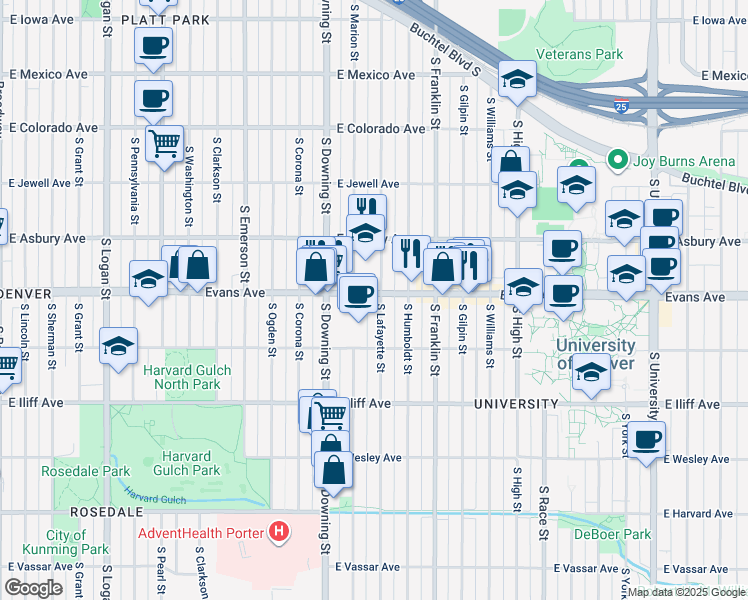 map of restaurants, bars, coffee shops, grocery stores, and more near 2129 South Lafayette Street in Denver