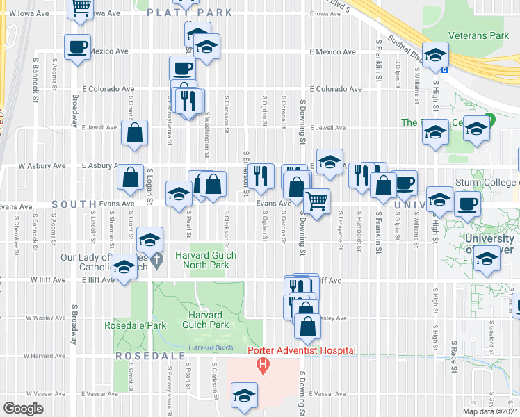 map of restaurants, bars, coffee shops, grocery stores, and more near 2125 South Ogden Street in Denver