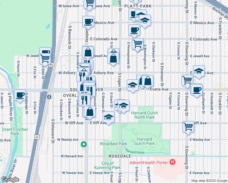 map of restaurants, bars, coffee shops, grocery stores, and more near 2136 South Grant Street in Denver