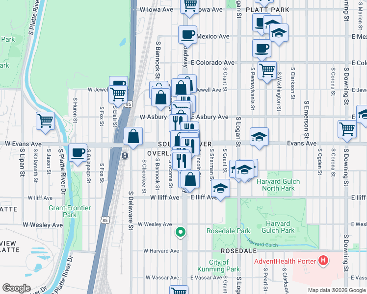 map of restaurants, bars, coffee shops, grocery stores, and more near in Denver