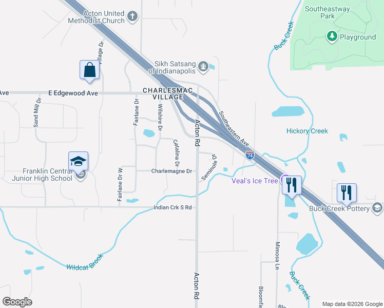 map of restaurants, bars, coffee shops, grocery stores, and more near 6240 Acton Road in Indianapolis