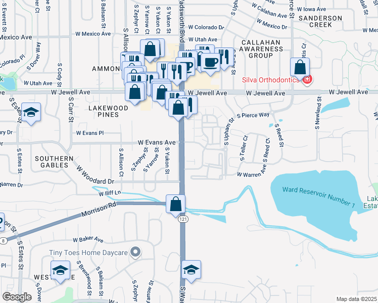 map of restaurants, bars, coffee shops, grocery stores, and more near 2117 South Wadsworth Boulevard in Lakewood