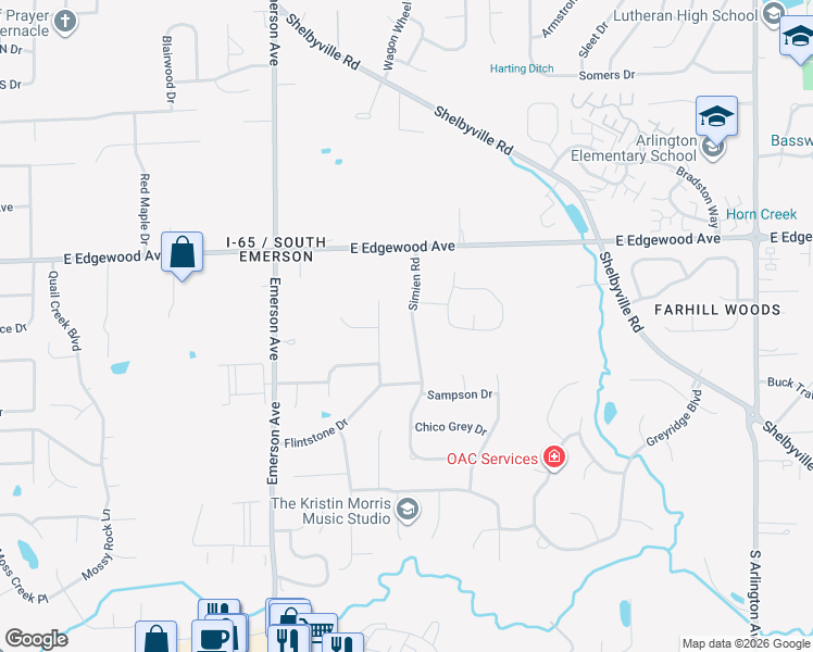 map of restaurants, bars, coffee shops, grocery stores, and more near 6142 Simien Road in Indianapolis