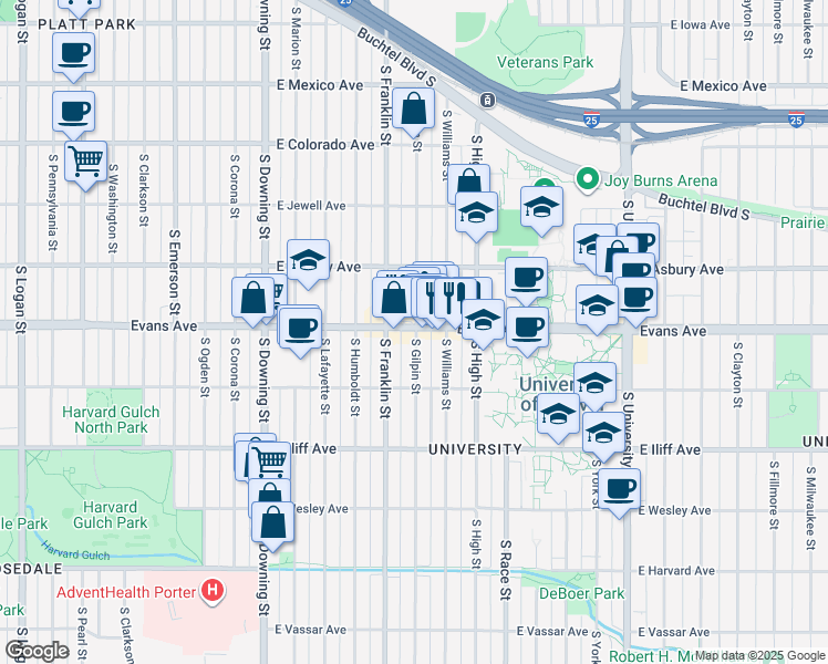 map of restaurants, bars, coffee shops, grocery stores, and more near in Denver