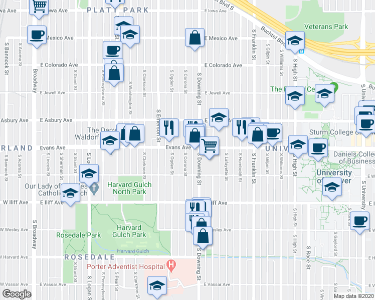 map of restaurants, bars, coffee shops, grocery stores, and more near 2104 South Corona Street in Denver