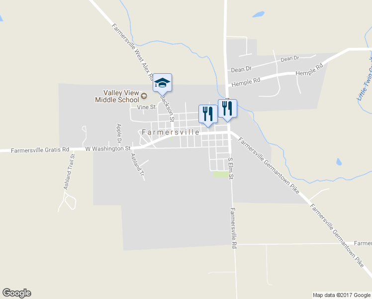 map of restaurants, bars, coffee shops, grocery stores, and more near 102 West Washington Street in Farmersville
