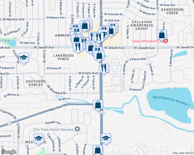 map of restaurants, bars, coffee shops, grocery stores, and more near 2116 South Yukon Street in Lakewood