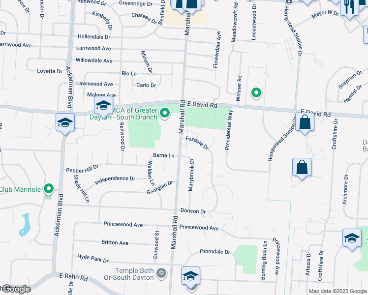 map of restaurants, bars, coffee shops, grocery stores, and more near 4750 Marshall Road in Dayton