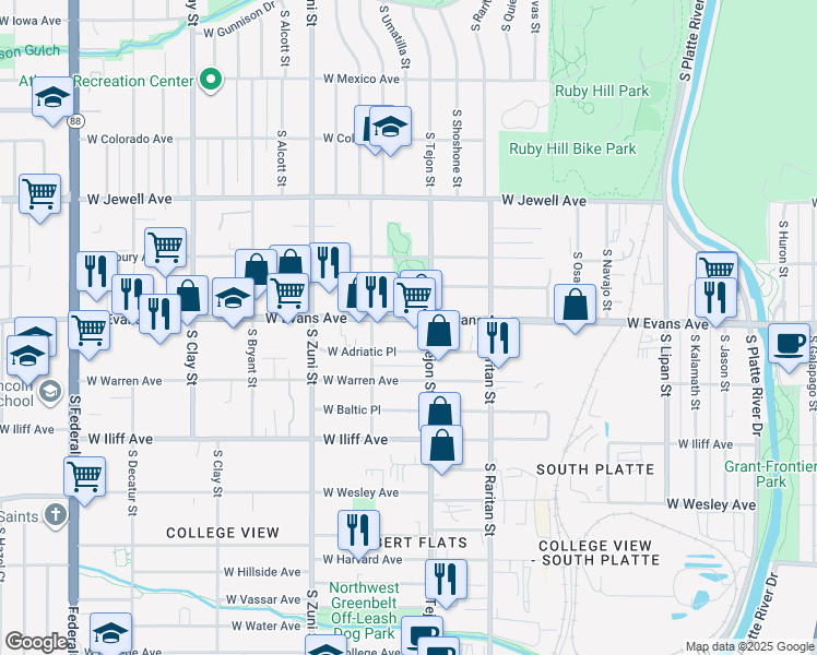 map of restaurants, bars, coffee shops, grocery stores, and more near 2075 West Adriatic Place in Englewood