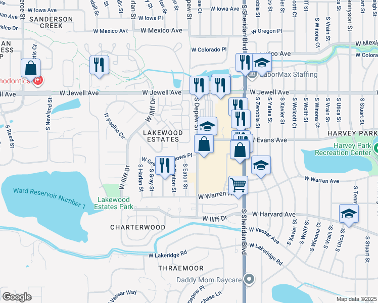 map of restaurants, bars, coffee shops, grocery stores, and more near 5661 West Green Meadows Place in Denver