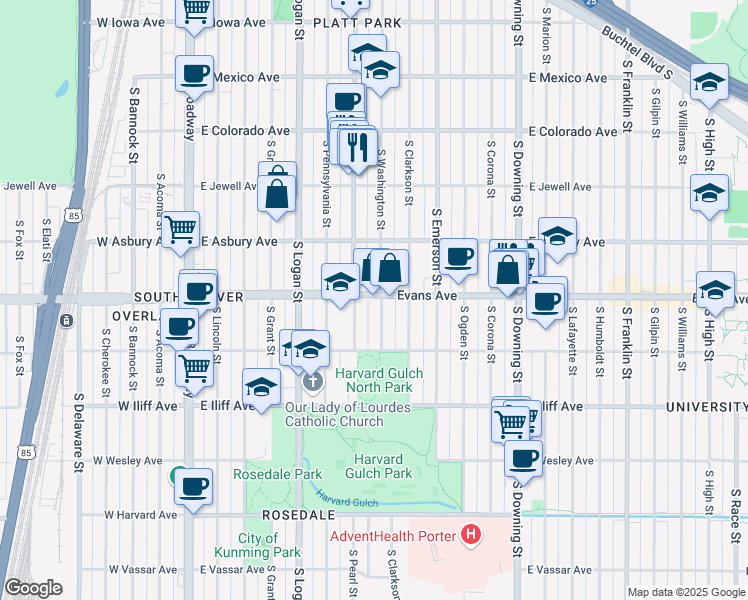 map of restaurants, bars, coffee shops, grocery stores, and more near 2126 South Washington Street in Denver