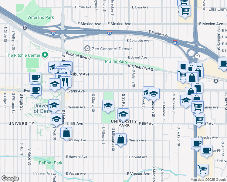 map of restaurants, bars, coffee shops, grocery stores, and more near E Evans Ave & S Milwaukee St in Denver