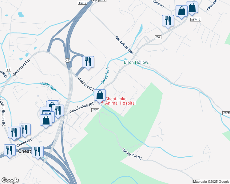 map of restaurants, bars, coffee shops, grocery stores, and more near 45 Twin Knobs in Morgantown