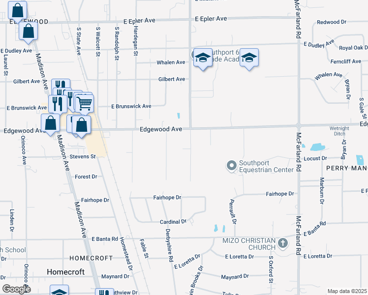 map of restaurants, bars, coffee shops, grocery stores, and more near 6060 South Keystone Avenue in Indianapolis