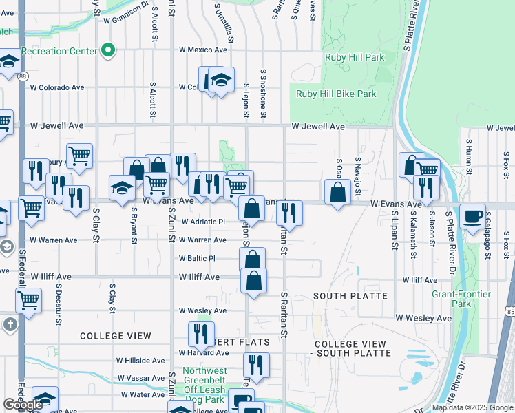 map of restaurants, bars, coffee shops, grocery stores, and more near 1940 West Evans Avenue in Englewood