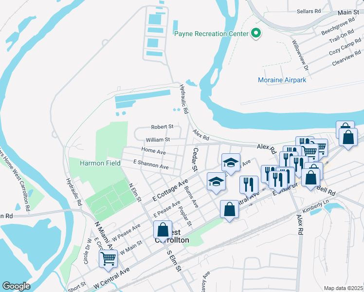 map of restaurants, bars, coffee shops, grocery stores, and more near 539 Burns Avenue in West Carrollton