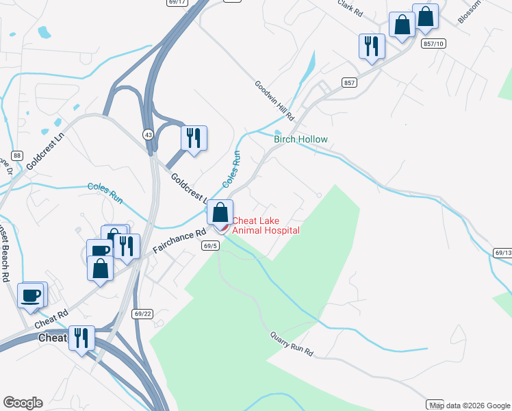 map of restaurants, bars, coffee shops, grocery stores, and more near 45 Twin Knobs in Morgantown