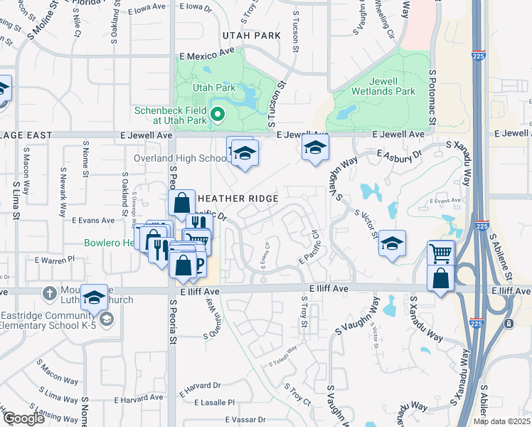 map of restaurants, bars, coffee shops, grocery stores, and more near 12594 East Pacific Circle in Aurora