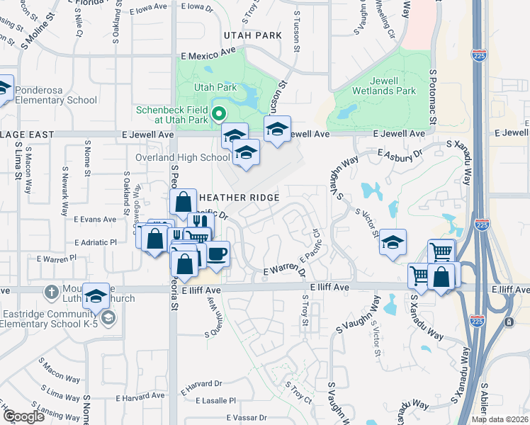 map of restaurants, bars, coffee shops, grocery stores, and more near 12594 East Pacific Circle in Aurora