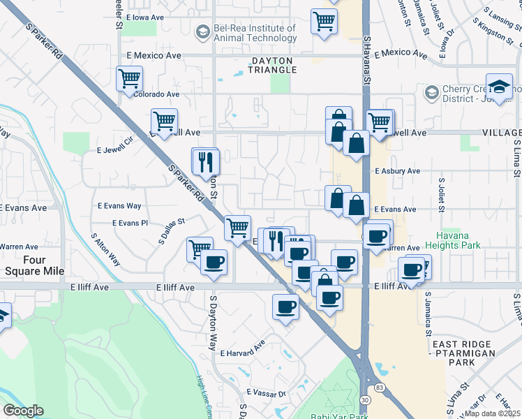 map of restaurants, bars, coffee shops, grocery stores, and more near 10042 East Evans Avenue in Denver