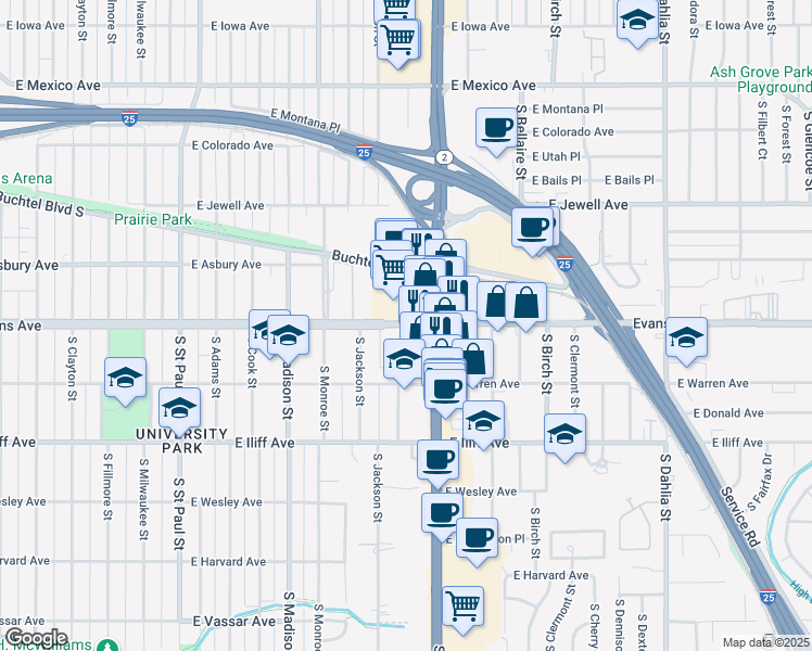 map of restaurants, bars, coffee shops, grocery stores, and more near 3996 East Evans Avenue in Denver