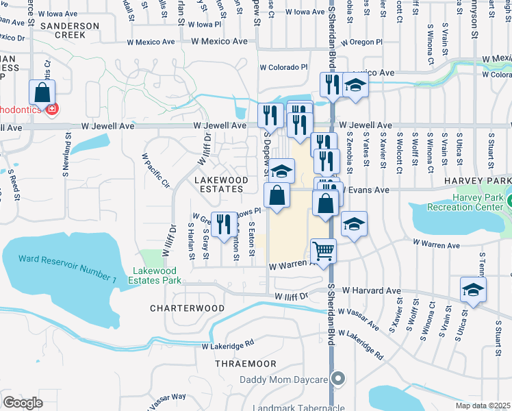 map of restaurants, bars, coffee shops, grocery stores, and more near 2133 South Eaton Street in Denver