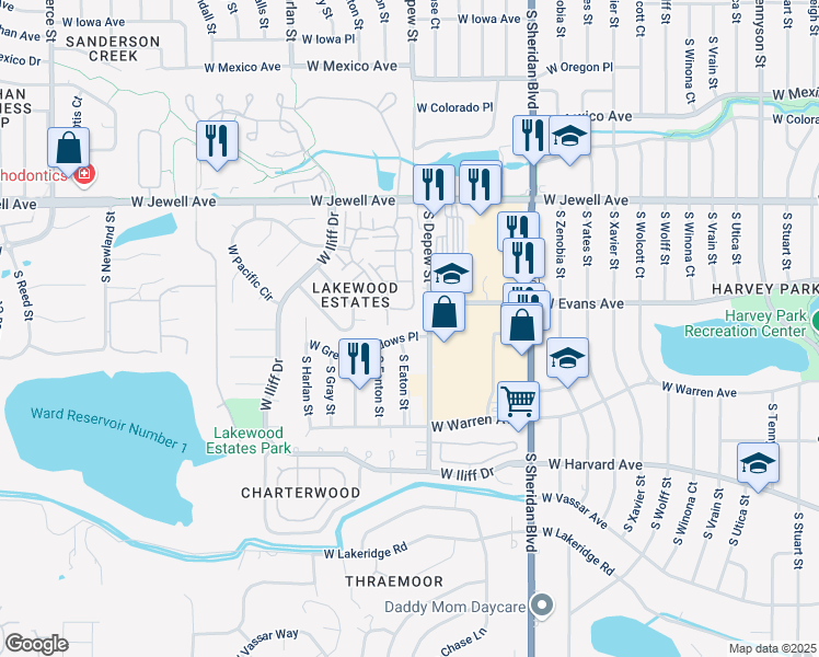 map of restaurants, bars, coffee shops, grocery stores, and more near 2133 South Eaton Street in Denver
