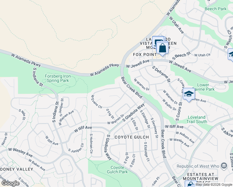 map of restaurants, bars, coffee shops, grocery stores, and more near 2139 South Ellis Court in Lakewood