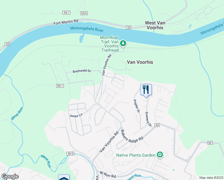 map of restaurants, bars, coffee shops, grocery stores, and more near 152 Mountaineer Village in Morgantown