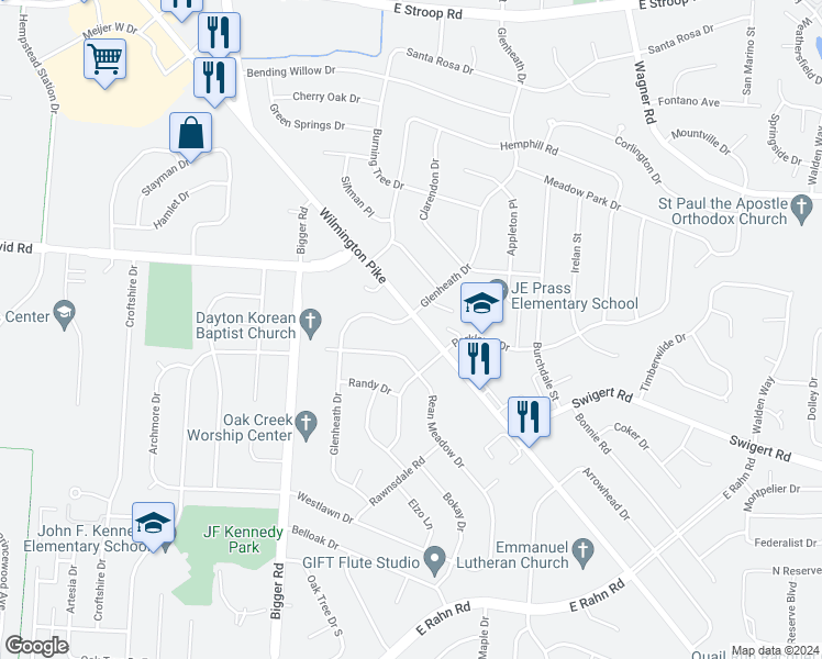 map of restaurants, bars, coffee shops, grocery stores, and more near 4516 Rean Meadow Drive in Dayton