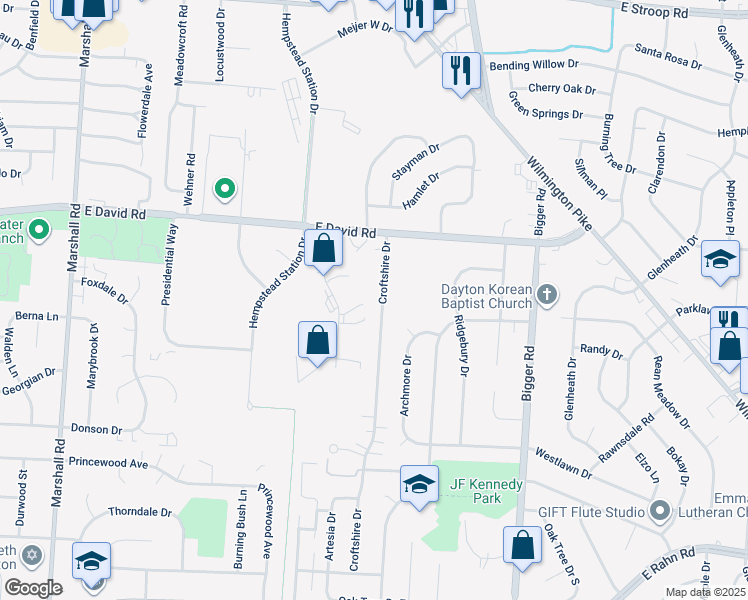 map of restaurants, bars, coffee shops, grocery stores, and more near 4579 Croftshire Drive in Dayton