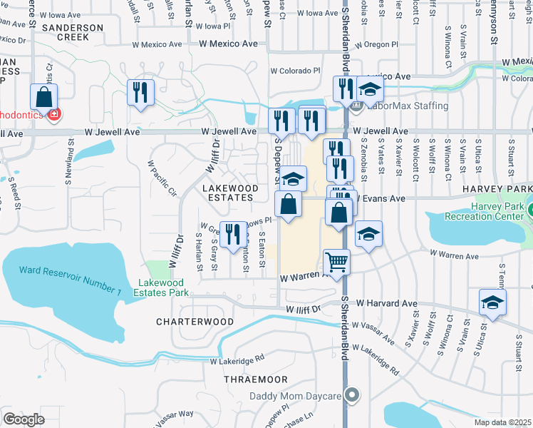 map of restaurants, bars, coffee shops, grocery stores, and more near 5661 West Green Meadows Place in Denver