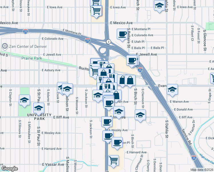 map of restaurants, bars, coffee shops, grocery stores, and more near South Colorado Boulevard & East Evans Avenue in Denver