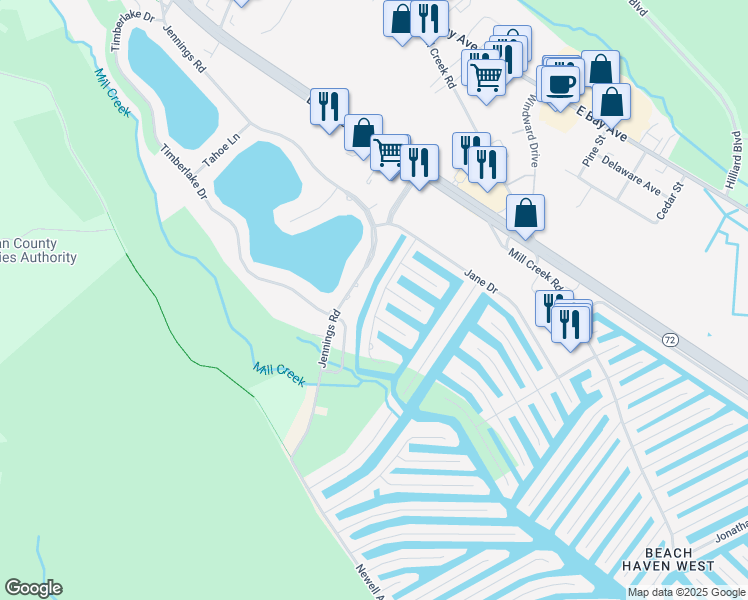 map of restaurants, bars, coffee shops, grocery stores, and more near 101 Gilbert Drive in Stafford Township