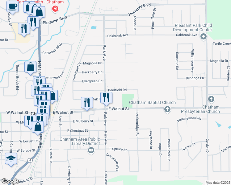 map of restaurants, bars, coffee shops, grocery stores, and more near 824 Deerfield Road in Chatham