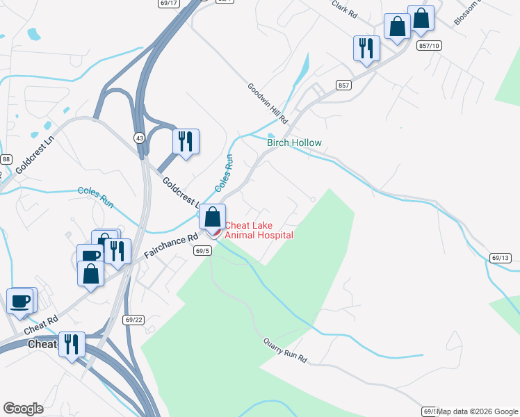 map of restaurants, bars, coffee shops, grocery stores, and more near 402 Twin Knobs Drive in Morgantown