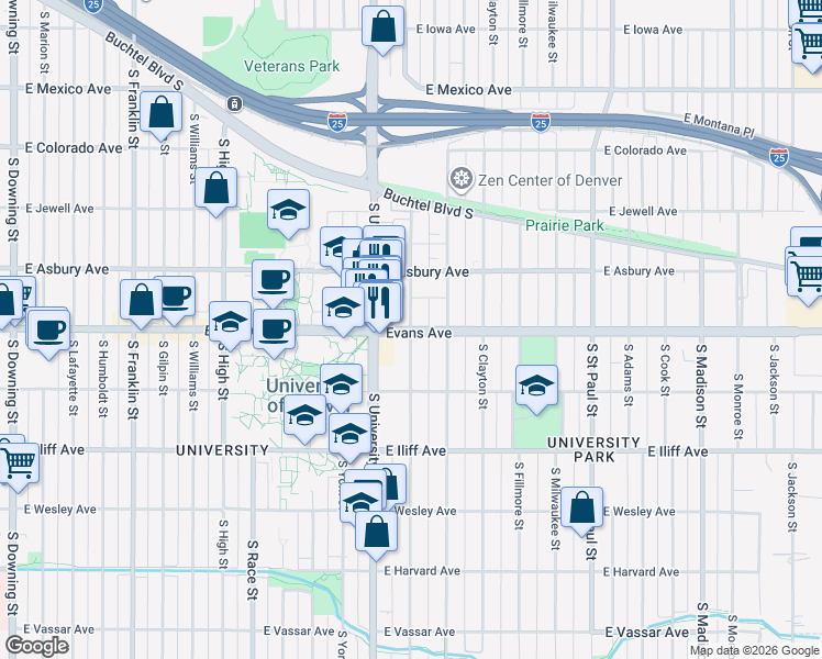 map of restaurants, bars, coffee shops, grocery stores, and more near E Evans Ave & S Josephine St in Denver