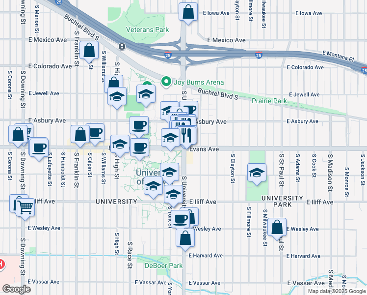 map of restaurants, bars, coffee shops, grocery stores, and more near S University Blvd & E Evans Ave in Denver