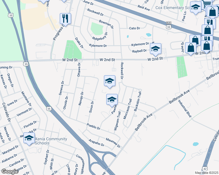 map of restaurants, bars, coffee shops, grocery stores, and more near 600 Buckskin Trail in Xenia