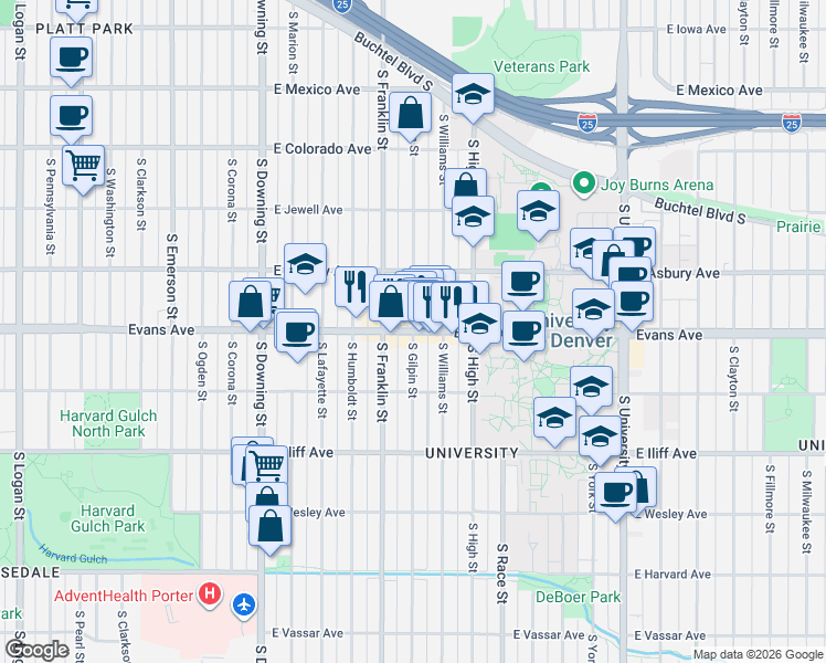 map of restaurants, bars, coffee shops, grocery stores, and more near East Evans Avenue & South Gilpin Street in Denver